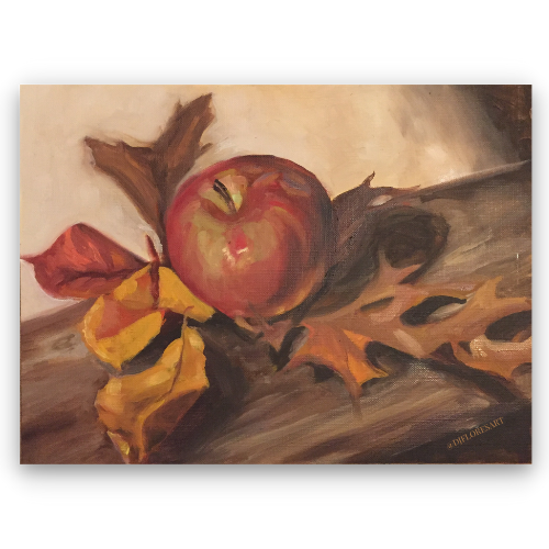 "Autumn Picnic Apple & Leaves Still Life" Oil on Canvas Paper