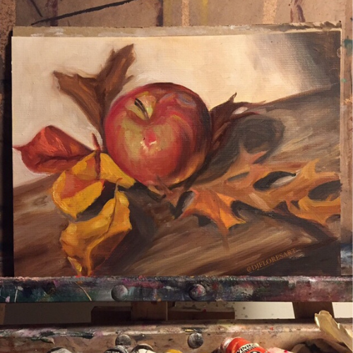 "Autumn Picnic Apple & Leaves Still Life" Oil on Canvas Paper