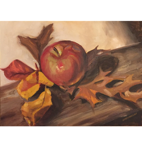 "Autumn Picnic Apple & Leaves Still Life" Oil on Canvas Paper